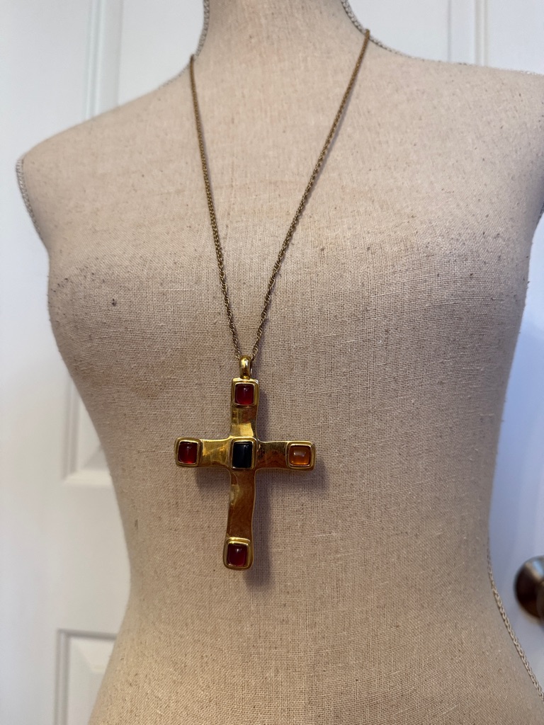Louis Dell’olio Large Gilt Metal Cross Poured Resin Cabochon Pendant Necklace